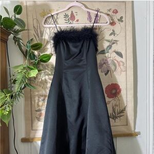 Vintage 90s goth Black prom Dress with Feather Trim